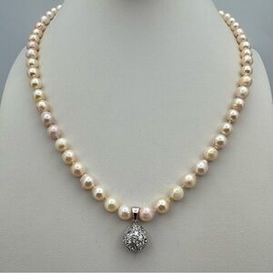 Handmade Saltwater Pearl Necklace 925 Sterling Pendant Hand Knotted Silk